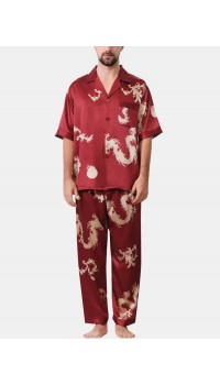 Mens Dragon Print Short Sleeve Pajamas Suit Sleepwear