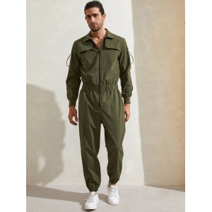 Mens Zipper Up Lapel Collar Leisure Jumpsuit