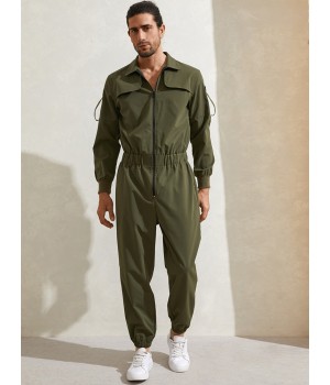 Mens Zipper Up Lapel Collar Leisure Jumpsuit