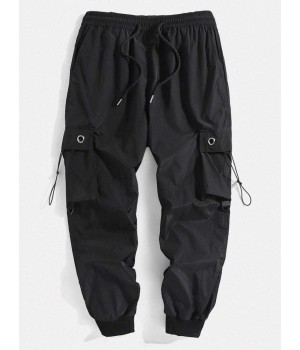 Mens Solid Color Bungee Cords Pockets Designer Casual Jogger Pants