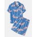 Men Chinese Style Crane Print Pocket Luxury Faux Silk Pajama Sets