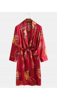 Mens Long Sleeve Silk Bathrobe Nightdress Sleepwear