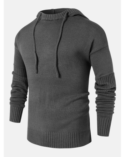 Mens Solid Color Design Cut Out Sleeve Kitted Hooded Sweaters