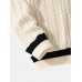 Men Cable Knitted Strip Contrast Pullover Loose Casual Sweaters