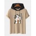 Mens Cute Cat Japanese Print Short Sleeve Drawstring Hooded T  Shirts