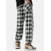 Men Plaid Drawstring Side Ribbon Preppy Pockets Pants