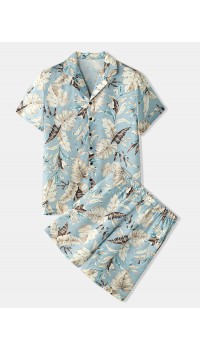 Mens Tropical Leaves Print Pajama Set Two Pieces Home Casual Sleepwear