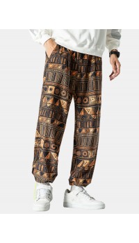 Mens Corduroy Ethnic Style Print Drawstring Casual Pants