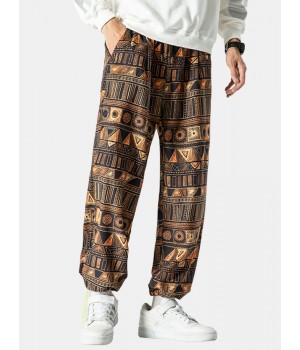 Mens Corduroy Ethnic Style Print Drawstring Casual Pants