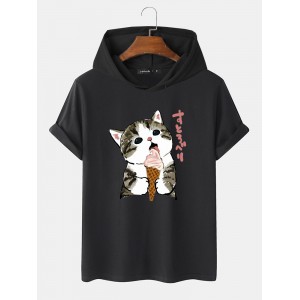 Mens Cute Cat Japanese Print Short Sleeve Drawstring Hooded T  Shirts