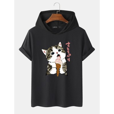 Mens Cute Cat Japanese Print Short Sleeve Drawstring Hooded T  Shirts