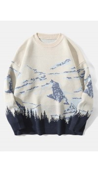 Men Landscape Mountain Drop Shoulder Loose Pullover Knitted Sweaters