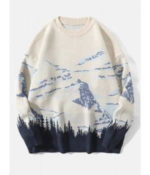 Men Landscape Mountain Drop Shoulder Loose Pullover Knitted Sweaters