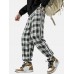 Men Plaid Drawstring Side Ribbon Preppy Pockets Pants