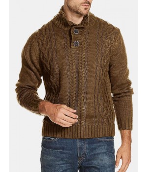 Men Cable Knit Lapel Button Solid Pullover Casual Sweaters