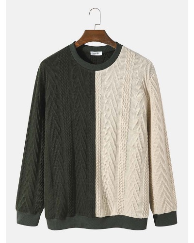 Men Patchwork Rib Knit Contrast Color Round Neck Pullover Sweaters