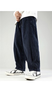 Mens Corduroy Drawstring Casual Wide Leg Pants With Pocket