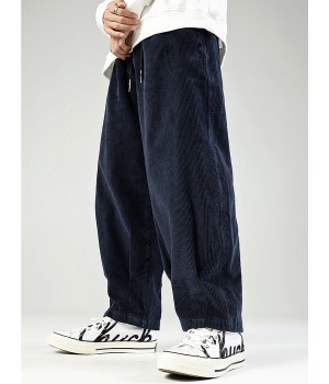 Mens Corduroy Drawstring Casual Wide Leg Pants With Pocket