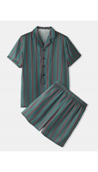 Mens Striped Revere Collar Short Sleeve Home Casual Faux Silk Pajama Set