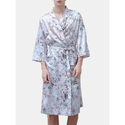 5 Patterns Mens Floral Print Longs Sleeve Home Smoth Pajama Robe