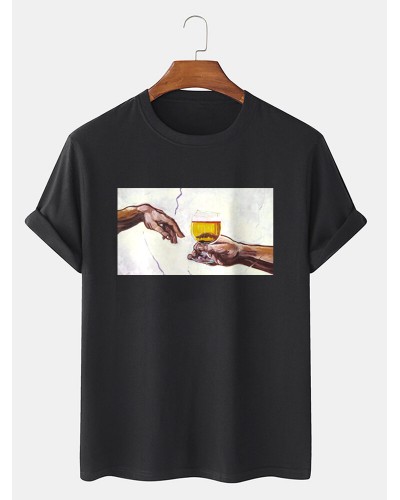 Mens Beers Figure Hand Graphic Cotton Short Sleeve T  Shirts