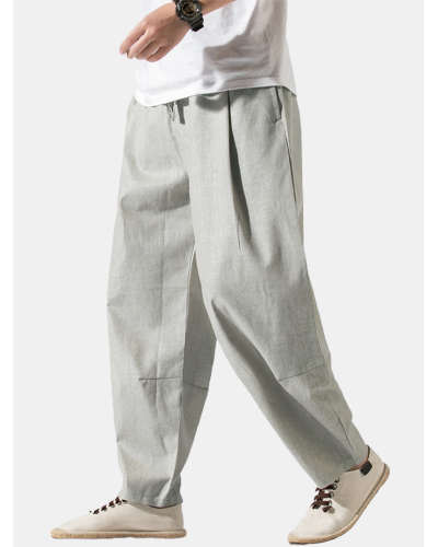 Mens Solid Color Cotton Relaxed Fit Basic Drawstring Pants With Pocket