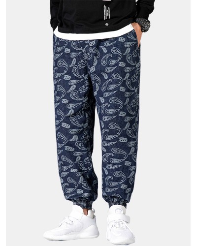 Mens Paisley Print Drawstring Ethnic Style Jogger Pants With Pocket