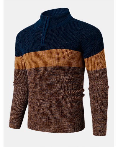 Mens Colorblock Knitting Half Zipper Front Drop Shoulder Casual Sweaters