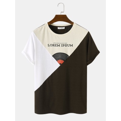 Mens Letter Print Color Block Patchwork Short Sleeve T  Shirts