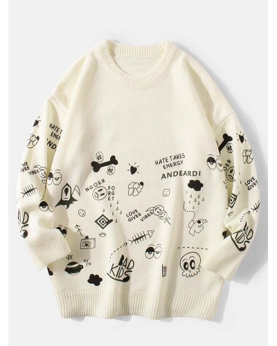 Mens Cute Cartoon Print Round Neck Long Sleeve Knitted Pullover Sweaters