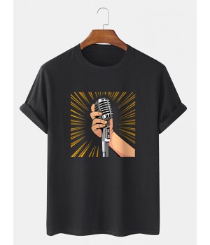 Mens Microphone Hand Graphic Short Sleeve Cotton T  Shirts