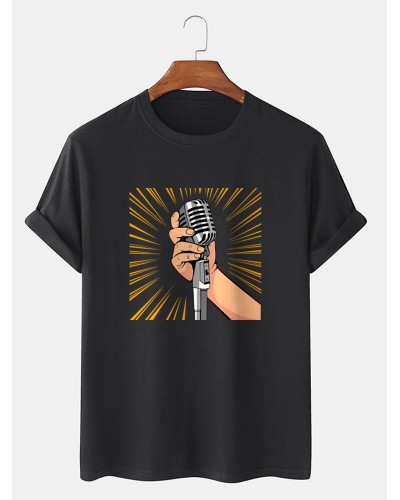 Mens Microphone Hand Graphic Short Sleeve Cotton T  Shirts