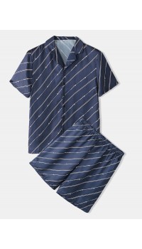 Mens Navy Stripe Pajama Set Revere Collar Two Pieces Faux Silk Home Sleepwear